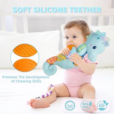Baby Toys 0-6 Months,Infant Musical Seahorse Stuffed Animals Sensory Toys with Bright Colors,Multiple Textures,Rattles & Crinkle Sound Paper,Soft Tummy Time Toy for Newborn Boys Girls 0-12 Months-Blue - Image 5