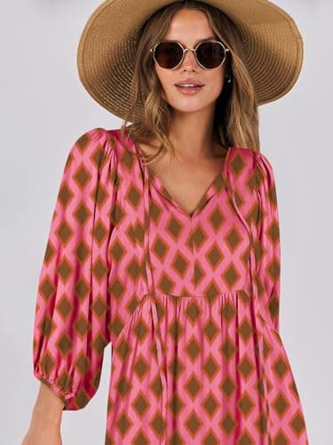 ANRABESS Womens Boho Maxi Dresses 2025 Summer V Neck Puff Sleeve Floral Flowy Swing Fall Casual Long Dress Pink Small - Image 5