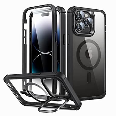 ESR for iPhone 14 Pro Case with Stand, Compatible with MagSafe, Full-Body Military-Grade Drop Proof Case with Built-in 9H+ Tempered Glass Screen Protector, Armor Series, Clear Black - Image 1