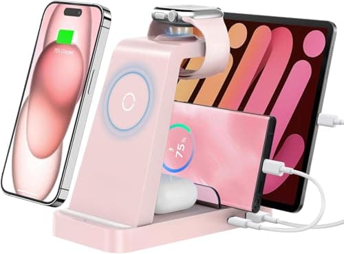 GAUOLN Wireless Charger for iPhone - 5 in 1 Charging Station for Multiple Devices Apple: Fast Wireless Charging Stand Dock for iPhone 16e 16 15 14 13 12 Pro Max Apple Watch (Pink) - Image 1