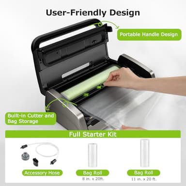 Bonsenkitchen Vacuum Sealer Machine, Globefish Technology for Perfect Vacuum Sealing, Powerful Low-Noise Food Vacuum Sealer with Easy Handle Design, Built-in Cutter and Bag Storage, 2 Bag Rolls - Image 8