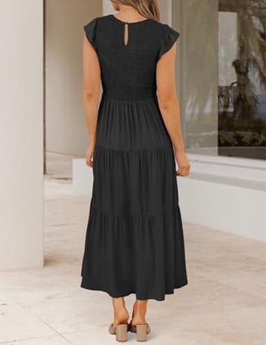 ZESICA Women's 2025 Summer Casual Flutter Short Sleeve Crew Neck Smocked Elastic Waist Tiered Midi Dress,AllBlack,Medium - Image 3