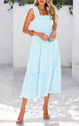 PRETTYGARDEN Women's Summer Dress Casual Square Neck Ruffle Strap Gingham Smocked Midi Flowy A Line Beach Vacation Sun Dresses 2025 (Light Blue, S) - Image 8