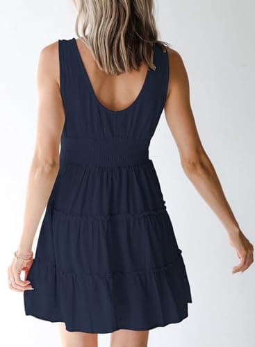 Dokotoo Resort Wear for Women 2025 Sun Vacation Dresses Summer Sleeveless Button Down Smocked Waist Ruffle Tiered Casual Swing Mini Dress for Women Beach Party Cover up Dress Sundresses Blue Medium - Image 2