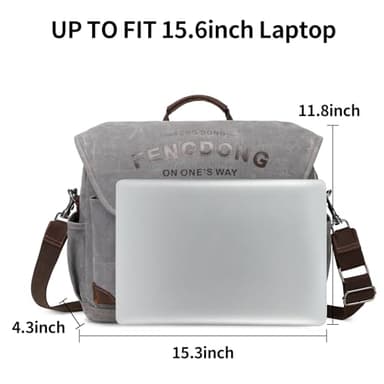 FENGDONG Mens Messenger Bag 15.6 Inch Vintage Waxed Canvas Genuine Leather Briefcase Leather Computer Laptop Bag Rugged Satchel Shoulder Bag Gray - Image 4