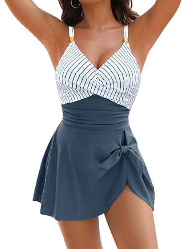 Blooming Jelly Womens One Piece Bathing Suit Tummy Control Swimsuits Long Torso Cute 2025 Swim Dresses (M, Stripe Blue) - Image 1