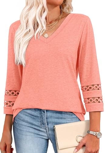 3/4 Length Sleeve Womens Tops and Blouses Lace Sleeve V Neck Tshirts Spring Outfits for Women 2025 Beach Vacation Clothes Coral L - Image 1