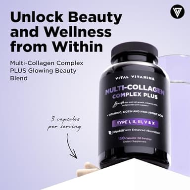 Vital Vitamins Multi Collagen Complex Plus - with Biotin, Hyaluronic Acid, Vitamin C - Type I, II, III, V, X - for Women & Men - Hair, Skin, Nails Beauty Complex - 150 Capsules - Image 2
