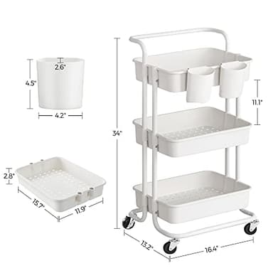 SONGMICS Rolling Cart, 3-Tier Storage Cart, Storage Trolley with Handle 2 Small Organizers, Steel Frame, Plastic Baskets, Utility Cart, Easy Assembly, for Bathroom Laundry Room, White UBSC067W01 - Image 5