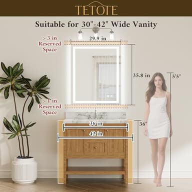TETOTE LED Bathroom Mirror 30 x 36 Front and Backlit Lighted Bathroom Vanity Mirror with Brighter Lights 3-Color Dimmable Led Anti Fog Light up Mirror, Waterproof, Shatterproof Tempered Glass - Image 5