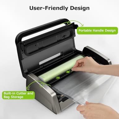 Bonsenkitchen Vacuum Sealer Machine, Powerful Low-Noise Food Vacuum Sealer for High-Speed Continuous Working, Handle Locked Design, Built-in Cutter, 2 Bag Rolls + 100 PCS Vacuum Bags - Image 7