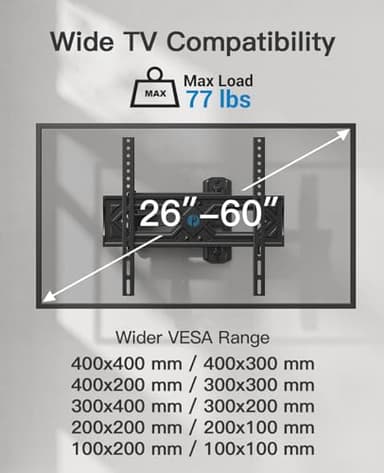 Pipishell Full Motion TV Wall Mount for 26-60 Inch Flat Curved TVs, Heavy Duty Single Articulating Arms TV Bracket Up to VESA 400x400mm and 77lbs, Support Swivel, Tilt, Level Adjustment - Image 2