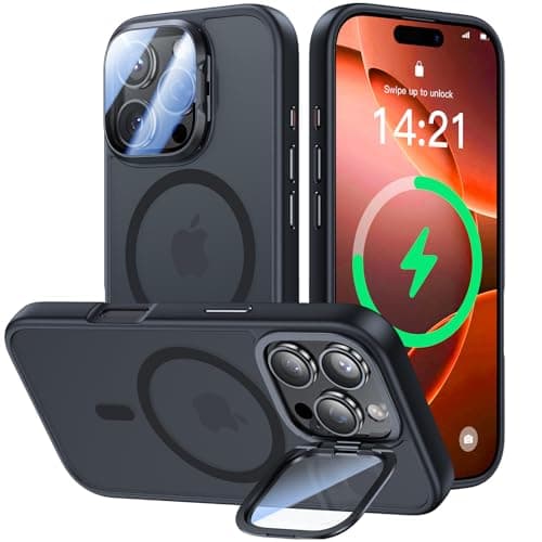VOFATA [Upgraded] for iPhone 16 Pro Case with Camera Cover Stand [Fit for MagSafe][9H Camera Lens Protector] Mil-Grade Protection Translucent Matte Magnetic iPhone 16 Pro Phone Case, Black - Image 1