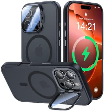 VOFATA [Upgraded] for iPhone 16 Pro Case with Camera Cover Stand [Fit for MagSafe][9H Camera Lens Protector] Mil-Grade Protection Translucent Matte Magnetic iPhone 16 Pro Phone Case, Black - Image 1