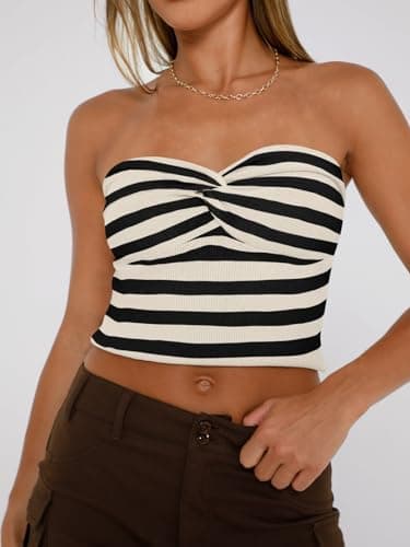 EFAN Womens Tube Tops Fall Fashion Summer Outfits 2025 Casual Beach Vacation Clothes Sweaters Strapless Sleeveless Tank Tops Striped Apricot M - Image 5