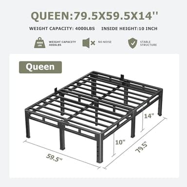 NKZ Queen Size Bed Frame 14 Inch, Metal Bed Frame & Box Spring 2 in 1 Platform with Round Corner Legs, 4000lbs Weight Capacity Reinforced Metal Frame, Headboard Hole, Noise-Free, Easy Assembly - Image 2