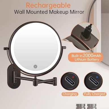 Rechargeable Wall Mounted Lighted Makeup Vanity Mirror 8 Inch Double Sided 1X 10X Magnifying Bathroom Mirror, 3 Color Lighting, Touch Dimming, Extended Arm 360 Rotation Light up Mirror Antique Bronze - Image 3