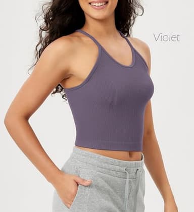 ODODOS Women's Crop Camisole 3-Pack Seamless Rib-Knit Crop Tank Tops, Long Crop, Pink Lace Violet Iceberg, Medium/Large - Image 3