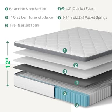 Novilla Full Mattress 10 Inch, Hybrid Full Mattress in a Box, Pocket Innerspring Pillow Top Mattresses for Motion Isolation, Mattresses Full Size Bed for Pressure & Pain Relief, Medium Firm Feel - Image 2