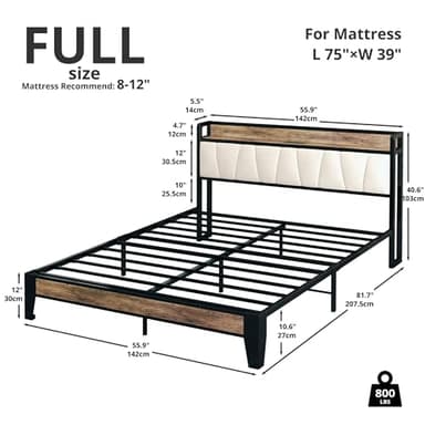 LIKIMIO Full Size Bed Frame, Storage Headboard with Charging Station, Solid and Stable, Noise Free, No Box Spring Needed, Easy Assembly (Walnut and Beige) - Image 2