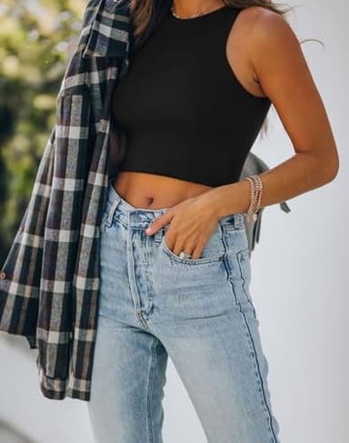 REORIA Women's Sexy Sleeveless High Neck Crop Tank Top Racerback Double Lined Cute Basic Cropped Tops 2025 Going Out Shirts Black Large - Image 2