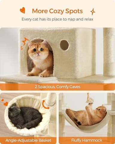 Feandrea Cat Tree, 81.1-Inch Large Cat Tower with 13 Scratching Posts, 2 Perches, 2 Caves, Basket, Hammock, Pompoms, Multi-Level Plush Cat Condo for Indoor Cats, Beige UPCT190M01 - Image 4