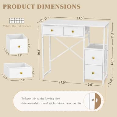 3IngSeagulls White Vanity Desk Without Mirror, Small Makeup Desk with 4 Fabric Drawers, 33.5 Inches Dressing Table with Storage, Vanity Table for Bedroom with Hook, White - Image 2