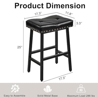 VECELO 25 inch Counter Height Stools for Kitchen Island, 3.3'' Thick PU Upholstered Saddle Seats, Backless Bar Chairs with Metal Base, Black - Image 3