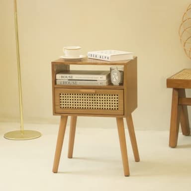 MaxSmeo Mid Century Modern Nightstand with Drawer, Small Nightstand Bedside Table, Rattan Nightstand, Wood End Table for Bedroom, Living Room (Brown) - Image 5