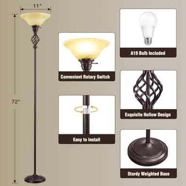 Torchiere Floor Lamp for Living Room, LED Standing Reading Light for Bedroom with Glass Shade for Living Room Corner Bedroom Home Office,Bulbs Included (Yellow Lampshade, Glass 1 Head) - Image 3