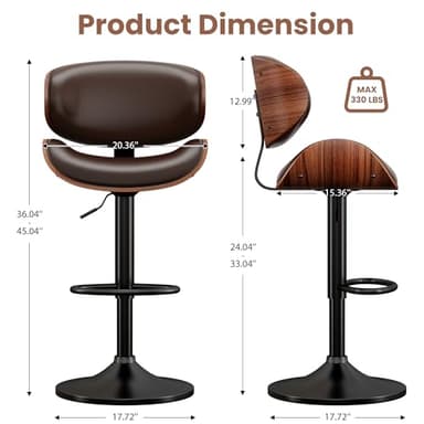 YaFiti Swivel Bar Stools for Kitchen Counter, Adjustable Bentwood Barstools, Modern PU Leather Upholstered Bar Stool with Back and Footrest, for Bar, Kitchen, Dining Room (Brown 1PCS) - Image 2