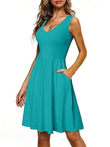 HUHOT Merida Costume for Women Turquoise Sun Dress Women V Neck Sleeveless A-Line Midi Dresses for Women with Pockets - Image 1