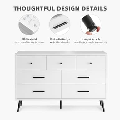 DWVO White 7 Drawer Dresser, 47" W Large Double Dresser Chest of Drawers, Modern Wood Storage Organizer with Black Metal Handles & Anti-Tipping Device for Hallway, Entryway - Image 4