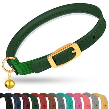 OOPSDOGGY Rolled Leather Cat Collar with Bell - Reflective Kitten Collar with Safety Elastic Strap - Adjustable Small Pet Collars for Boy Girl Cats (Green) - Image 1