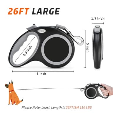 EC.TEAK Retractable Dog Leash 26 FT, Heavy Duty Dog Leash for Dogs up to 110lbs, Strong Nylon Tape No Tangle, One-Handed Brake, Pause, Lock, Perfect for Medium Large Dogs (Black, 26 FT(66-110 LBS)) - Image 3