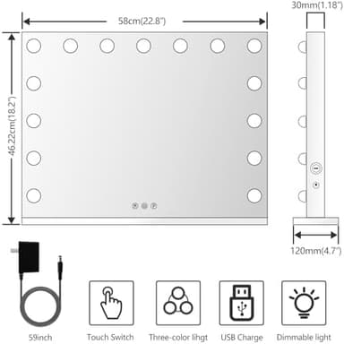 22.8 x 18.2 Vanity Makeup Mirror with Lights, 10X Magnification,Large Hollywood Lighted Vanity Mirror with 15 Dimmable LED Bulbs, USB Charger Port, Tabletop or Wall-Mounted White - Image 6