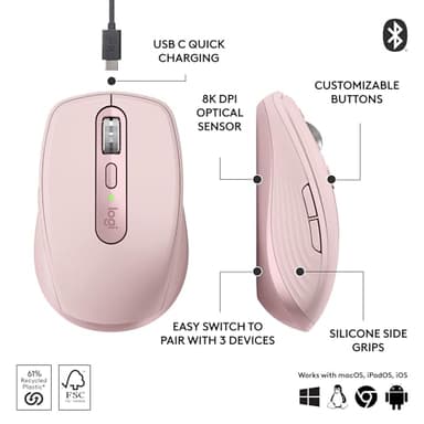 Logitech MX Anywhere 3S Compact Wireless Mouse, Fast Scrolling, 8K DPI Any-Surface Tracking, Quiet Clicks, Programmable Buttons, USB C, Bluetooth, Windows PC, Linux, Chrome, Mac - Rose - Image 6