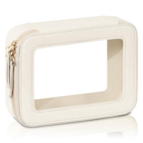 Prite Clear Makeup Bag Cosmetic Organizer Case Waterproof Travel Toiletry Bag Skincare Pouch with Golden Zipper(Beige) - Image 1