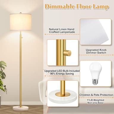 【Upgraded】Dimmable Gold Floor Lamps for Living Room, 11W LED Bulb Included, Modern Standing Lamp with Marble Base, Tall Pole Light with White Linen Shade for Bedroom Reading Office Corner Nursery - Image 4