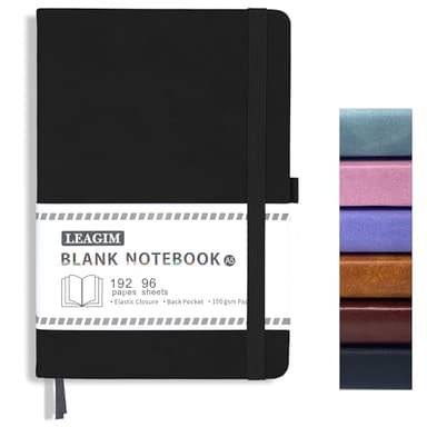 LEAGIM Blank Journal Notebook, A5, 192 Pages 100 GSM Thick Sketch Book for Women Men, Hardcover Leather Unlined Journaling for Work, Notebooks for Writing, 5.8 inches x 8.5 inches (Black) - Image 1