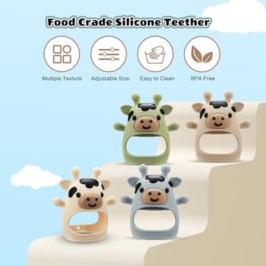 TOHIBEE 2 Packs Baby Teething Toys for 0-6 6-12 Months, Food Grade Silicone Adjustable Cow Teething Mitten, Chew Teether Toys for Teething Pain Relief, Baby and New Born Essentials, Blue & White - Image 4