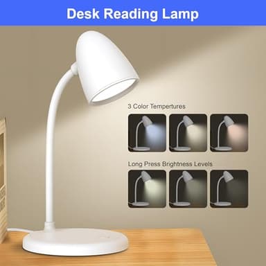 Desk Lamp for Home Office,3 Light Colors,Flexible Gooseneck Table Lamp,Dimmable Reading Light for Bedside Small Desk Lamp for College Dorm Room,Bedroom Desk Light White - Image 3