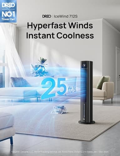 Dreo Tower Fan for Bedroom, 43" Cooling Fans That Blow Cold Air 2025 Upgraded, Evaporative Air Cooler, Quiet 85° Oscillating Floor Fan, Easy Cleaning, APP Control, 4 Modes & 4 Speeds, 12H Timer, Black - Image 2