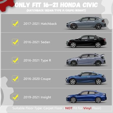 PARTZER Floor Mats for Honda Civic 2016-2021 Coupe/Sedan/Type R/Insight, Honda Civic 2017-2021 Hatchback, All Weather TPE Protection Floor Liners Accessories, 1st & 2nd Row - Image 2