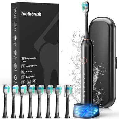 Electric Toothbrush, Sonic Type for Adults & Teens, 8 Brush Heads, Travel Case, 6 Modes, 40000 VPM Electric Motor, IPX7 Waterproof, 2 Minutes Timer, Wireless Charging, One Charge for 100 Days - Black - Image 1