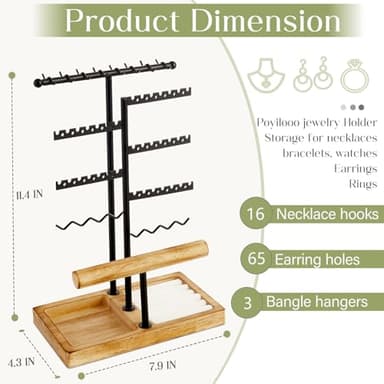 Poyilooo Earring Holder Jewelry Stand, 3 Tier Jewelry Organizer with Ring Holder Tray for Necklace Earring Keychains Bracelet Rings Display Jewelry Tree Stand Christmas Gifts (Carbonized Brown) - Image 3