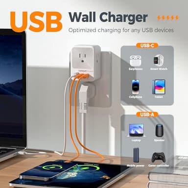Multi Plug Wall Outlet Splitter, TESSAN Surge Protector 4 Outlet Extender with 3 USB Charger Blocks(2 USB C), 3-Sided Multiple Plug Expander for Home Office Dorm Room School Essentials - Image 2