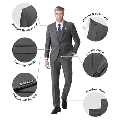 LUPURTY Suits for Men, 3 Piece Men's Suit Slim Fit, Solid Jacket Vest Pants with Tie, One Button Tuxedo Set for Business, Wedding, Dark Grey XL - Image 4