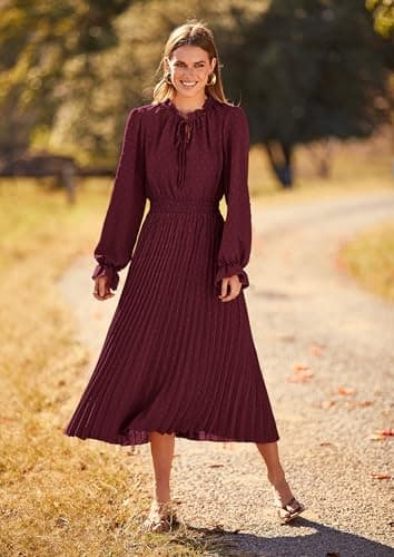 PRETTYGARDEN Women's 2025 Spring Fall Midi Dress Casual Long Sleeve V Neck Swiss Dot Pleated A Line Flowy Dresses (Dark Wine Red,Large) - Image 7