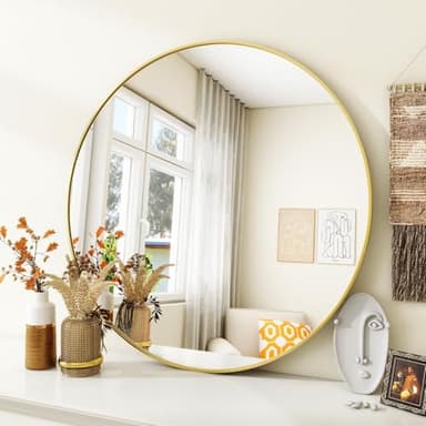 VooBang Gold Round Bathroom Mirror, 30 inch Circle Wall Mounted Hanging Mirror with Simple Modern Circular Metal Frame for Hallway, Entryway, Living Room, Gold Frame - Image 3